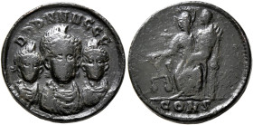 Arcadius, with Honorius and Theodosius II, 383-408. Exagium Solidi (Bronze, 19 mm, 4.19 g, 1 h), Constantinopolis, circa 403-408. DDD NNN GGG Diademed...