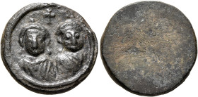 Honorius, with Theodosius II, 395-423. Exagium Solidi (Bronze, 20 mm, 4.42 g), 408-423. Crowned, diademed and draped facing busts of Honorius, on the ...