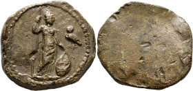 Anonymous, 2nd-3rd centuries. Tessera (Lead, 32 mm, 23.89 g). Minerva standing front, head to right, placing her left hand on shield set on ground and...
