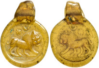 Uncertain, 4th century. Pendant (Glass, 16 mm, 1.39 g). Lion advancing right; above, star and crescent. Rev. Blank. C. Entwistle and P. Corby Finney: ...