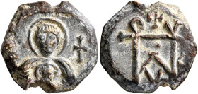 Patrikios, 6th century. Seal (Lead, 22 mm, 9.38 g, 12 h). Facing bust of the Mother of God, nimbate, holding Christ; to right, cross. Rev. Block monog...