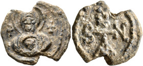 Artabanes (Armenian Artawan), 6th-7th centuries. Seal (Lead, 23 mm, 6.86 g, 12 h). The Mother of God facing, holding infant Christ, both nimbate; to l...