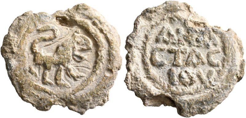 Anastasios, 6th-7th centuries. Seal (Lead, 25 mm, 12.33 g, 12 h). Lion advancing...