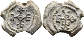Eleutherios, late 7th-early 8th centuries. Seal (Lead, 24 mm, 9.58 g). Cruciform monogram of ΘЄOTOKЄ BOHΘЄI. Rev. Cruciform monogram of EΛEVΘEPIⲰ. Cf....