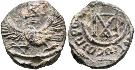 Uncertain, 7th-8th centuries. Seal (Lead, 21 mm, 6.56 g, 4 h). Invocational monogram of [ΘЄOTOKЄ] B[OHΘЄI] Eagle standing facing, head right and wings...