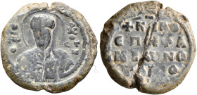 Epiphanios, notarios, circa 1000-1050. Seal (Lead, 24 mm, 8.74 g, 12 h). Θ / IⲰ / O - XP O/CT/M Nimbate facing bust of Saint John Chrysostomos, raisin...