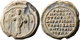 Romanos Skleros, proedros and stratepedarches of the East, 1057-1065. Seal (Lead, 32 mm, 40.52 g, 11 h). M-X St. Michael, nimbate, standing facing on ...