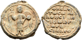 Konstantinos Skleros, proedros, circa 1050-1100. Seal (Lead, 28 mm, 16.67 g, 12 h). M/I-X/A St. Michael standing facing in dais, holding trefoil scept...