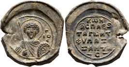 Konstantinos Xantas, tagmatophylax, mid 11th century. Seal (Lead, 32 mm, 22.52 g, 12 h). Θ / [ΓЄⲰP]-Γ/IO/C Nimbate bust of Saint George facing, holdin...