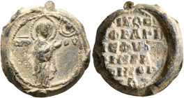 Anonymous, 11th century. Seal (Lead, 20 mm, 9.16 g, 12 h). MHP - ΘV The Mother of God “Hagiosoritissa” standing to right, nimbate, both hands raised i...