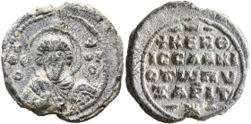 Isaakios Pyxarites, mid 11th century. Seal (Lead, 22 mm, 8.22 g, 12 h). Θ ΘЄ/O-Δ/ⲰP/O, Nimbate facing bust of Saint Theodore, holding spear over his r...