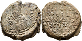 Basileios Apokapes, protoproedros and doux of Edessa, last quarter 11th century. Seal (Lead, 24 mm, 13.75 g, 12 h). [RACI]-Λ/H/O, Bust of Saint Basil ...