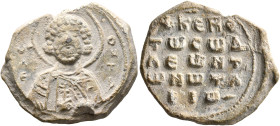 Leontios, notarios, 11th century. Seal (Lead, 25 mm, 11.09 g, 12 h). Θ / Λ/Є-O/N/T/I, Half-length bust of Saint Leontios facing, nimbate, wearing a je...