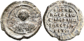 Basileios, spatharokandidatos and vestiarites, 11th century. Seal (Lead, 26 mm, 10.48 g, 11 h). Θ / Γ/Є-... Nimbate facing bust of Saint George, holdi...