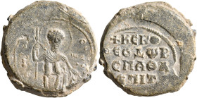 Theodoros, protospatharios epi tou Chrysotriklinou (?), 11th century. Seal (Lead, 27 mm, 19.39 g, 12 h). O / A/ΓI/O/C - Θ/Є/ⲰΔO/PO/C Saint Theodore, n...