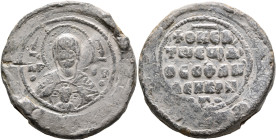 Theophanes, asekretis, 11th century. Seal (Lead, 31 mm, 34.21 g, 12 h). MHP - ΘV The Mother of God “Nikopoios”, nimbate, holding medallion of Christ w...