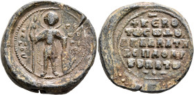 Aplebates, protospatharios and hypatos (?), 11th century. Seal (Lead, 29 mm, 27.81 g, 12 h). O / A/ΓI/O/C - ΓЄ/ⲰP/ΓI/O, Saint George, standing facing,...