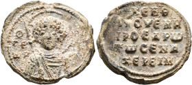 Atouemes (Atom) Senacherim, proedros, 3rd quarter 11th century. Seal (Lead, 30 mm, 15.00 g, 12 h). Θ / ΓЄ/ⲰP... Nimbate facing bust of Saint George, h...