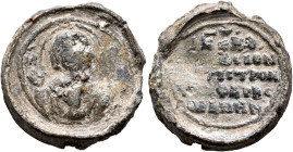 Basileios Pharasmanes, magistros, 2nd half 11th century. Seal (Lead, 22 mm, 9.00 g, 12 h). MHP - ΘV Nimbate Mother of God “Episkepsis”, raising both h...
