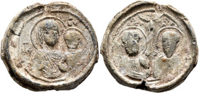 Anonymous, 2nd half 11th century. Seal (Lead, 28 mm, 15.45 g, 12 h). MHP - ΘV The Mother of God “Hodegetria”, nimbate, wearing chiton and maphorion, p...