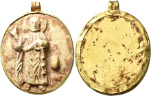 Anonymous, 12-14th centuries. Pendant (Bone, 42 mm, 13.08 g), engraved and set in a gold pendant. Nimbate bearded Saint standing facing, raising his r...