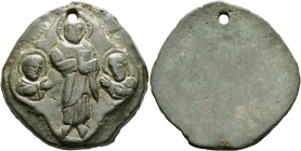 Anonymous, 12th-14th centuries. Pendant (Bronze, 41 mm, 34.80 g). Christ standing facing, wearing nimbus cruciger, raising his right hand in benedicti...