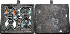 Anonymous, 12th-14th centuries. Travel Icon (Bronze, 49x54 mm, 79.34 g). Four medallions showing four nimbate bearded saints, the first and fourth fac...