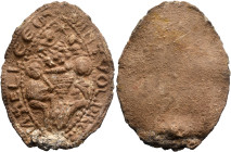 Uncertain, 13th-14th centuries. Seal Matrix (Lead, 60 mm, 40.30 g). SANTV OLDR...NHЄLLЄЄO The Dormition or Assumption of Mary (?): Mary, seated on the...