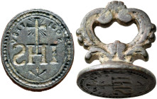 Society of Jesus (Jesuit Order), circa 17th century. Stamp Seal (Bronze, 18x16x22 mm, 9.54 g). IHS; above, SOCI - IESV (all retrograde) Large cross; b...
