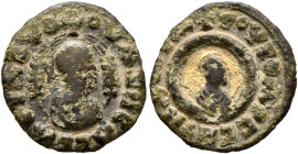 Ouzebas, late 4th-early 5th century. Multiple Lepton (Gilt Bronze, 16 mm, 1.22 g, 12 h). ✠OYAZHBAC BACIΛЄΥC Draped bust of Ouzebas to right, wearing t...