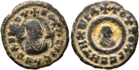 Ouzebas, late 4th-early 5th century. Multiple Lepton (Gilt Bronze, 17 mm, 2.28 g, 12 h). OYΛZHBΛC BΛCIΛЄΥ✠C Draped bust of Ouzebas to right, wearing t...