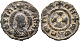 Mhdys, circa 450s-460s. AE (Gilt Bronze, 15 mm, 1.12 g, 12 h). መሐደየሰነ-ገሠአከሰመ ('mhdysngsʼksm' = 'Mhdys (Matthias?), king of Axum' in Ge'ez) Draped bust...