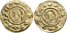 AXUM. Ella Gabaz/Wazen Agad, circa late 550s-560s. Chrysos (Electrum, 19 mm, 1.57 g, 12 h). ✠AΛΛA ΓΑΒΑZ ИΓ Draped half-length bust of Ella Gabaz/Wazen...