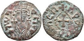 Gersem, circa 580s. Lepton (Bronze, 17 mm, 1.52 g, 12 h). ነገሠ-ገረሰመ ('ngsgrsm' = 'King Gersem' in Ge'ez) Draped bust of Gersem facing, wearing tiara an...