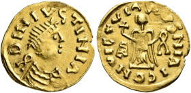 MEROVINGIANS. Uncertain. Circa 6th century. Tremissis (Gold, 16 mm, 1.34 g, 6 h), uncertain mint. DINIVSTINIΛ Diademed, draped and cuirassed male bust...