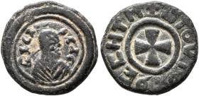 Anonymous, circa 359/60-450. Lepton (Bronze, 13 mm, 1.02 g, 12 h). BACI-ΛЄYC Draped male bust to right, wearing tight-fitting head cloth and circular ...