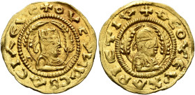 Ousanas II, early 6th century. Chrysos (Gold, 18 mm, 1.63 g, 12 h). ✠OYC∀И∀C BACIΛЄΥC Draped half-length bust of Ousanas II to right, wearing tiara an...