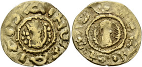 AXUM. Joel, circa 590s-after 610. Chrysos (Electrum, 15 mm, 1.17 g, 11 h). IΗⲰξΑ ΙΛΙↃA Draped half-length bust of Joel to right, wearing tiara and cir...