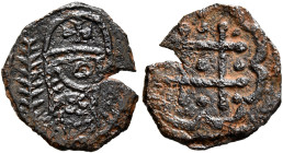 CRUSADERS. Antioch. Raymond-Roupen, 1216-1219. AE (Bronze, 14 mm, 0.53 g). Head of Raymond-Roupen in chain armour with pellet eye to right, wearing he...