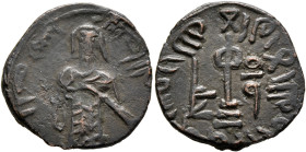 ISLAMIC, Umayyad Caliphate. temp. 'Abd al-Malik ibn Marwan, AH 65-86 / AD 685-705. Fals (Bronze, 19 mm, 2.77 g, 11 h), 'Standing Caliph' type, Halab, ...