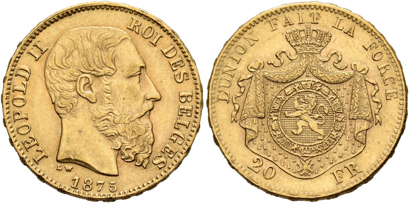 BELGIUM. Léopold II, 1865-1909. 20 Francs 1875 (Gold, 21 mm, 6.44 g, 6 h), Bruxe...