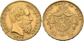 BELGIUM. Léopold II, 1865-1909. 20 Francs 1878 (Gold, 21 mm, 6.46 g, 6 h), Bruxelles (Brussels). LEOPOLD II - ROI DES BELGES Head of Leopold II to rig...
