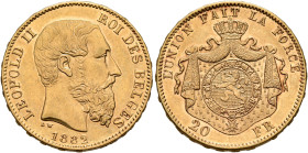 BELGIUM. Léopold II, 1865-1909. 20 Francs 1882 (Gold, 21 mm, 6.45 g, 6 h), Bruxelles (Brussels). LEOPOLD II - ROI DES BELGES Head of Leopold II to rig...