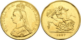 BRITISH, Hanover. Victoria, 1837-1901. 5 Pounds 1887 (Gold, 36 mm, 39.74 g, 12 h), London. VICTORIA D:G: - BRITT:REG:F:D: Crowned and veiled bust of V...
