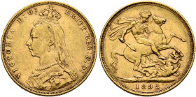 BRITISH, Hanover. Victoria, 1837-1901. Sovereign 1892 (Gold, 22 mm, 7.95 g, 12 h), London. VICTORIA D:G: - BRITT:REG:F:D: Crowned and veiled bust of V...