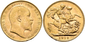BRITISH, Saxe-Coburg-Gotha. Edward VII, 1901-1910. Sovereign 1910 (Gold, 22 mm, 7.99 g, 12 h), London. EDWARDVS VII D.G.BRITT:OMN:REX F: D: IND: IMP: ...