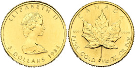 CANADA. Elizabeth II, 1952-2022. 5 Dollars 1984 (Gold, 16 mm, 3.15 g), Maple Leaf, Ottawa. ELIZABETH II / 5 DOLLARS 1984 Crowned and draped bust of El...