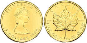 CANADA. Elizabeth II, 1952-2022. 5 Dollars 1988 (Gold, 16 mm, 3.13 g, 12 h), Maple Leaf, Ottawa. ELIZABETH II / 5 DOLLARS 1988 Crowned and draped bust...