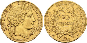 FRANCE, Deuxième République. 1848-1852. 20 Francs 1851 A (Gold, 21 mm, 6.38 g, 6 h), Paris. REPUBLIQUE✱ - FRANÇAISE Laureate head of Ceres to right. R...