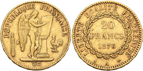 FRANCE, Troisième République. 1875-1940. 20 Francs 1876 A (Gold, 21 mm, 6.40 g, 6 h), Paris. REPUBLIQUE FRANÇAISE Winged genius writing on tablet. Rev...